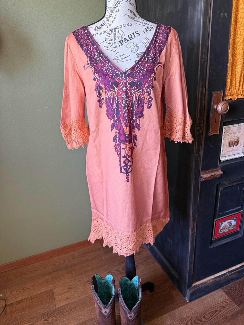 Peach Bohemian Embroidered Tunic Dress with Fringe NWOT